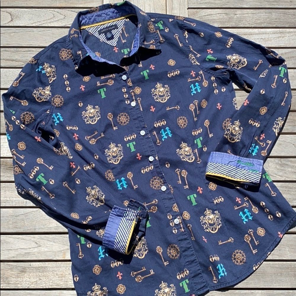 Tommy Hilfiger Women’s Navy Key Print Collared Button Down Shirt Blouse Small